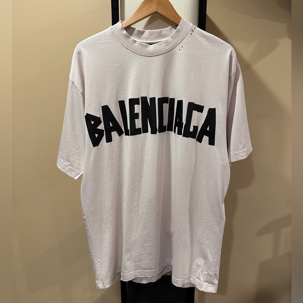 Balenciaga Distressed Type Black Duct Tape Logo White Tee